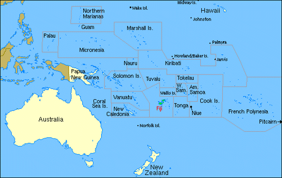 New Zealand lo ngại về mối quan hệ Trung Quốc-Fiji. Trong hình, vị trí chữ màu đỏ là quốc đảo Fiji ở Nam Thái Bình Dương.