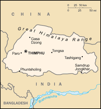 Bu-tan nằm giữa Ấn Độ và Trung Quốc.
