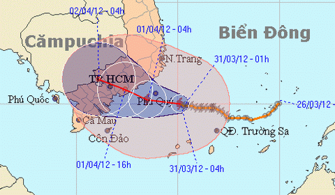 Hình ảnh đường đi của cơn bão cho thấy, tâm bão sẽ quét qua TP. HCM