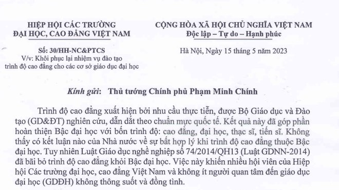 Hiệp hội đề nghị khôi phục lại nhiệm vụ đào tạo trình độ cao đẳng cho các CSGDĐH