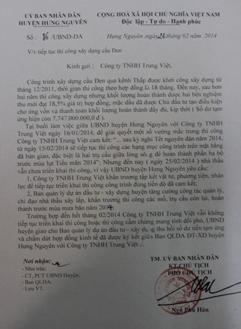 Văn bản của UBND huyện Hưng Nguyên yêu cầu nhà thầu là Công ty TNHH Trung Việt tiếp tục thi công theo đúng cam kết ảnh 3