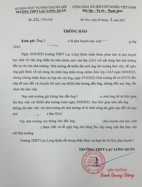 Văn bản do trường Trung học phổ thông Lạc Long Quân ban hành về việc từ chối công tác giáo dục đối với một học sinh lớp 12A3. (Ảnh: MXH) ảnh 1