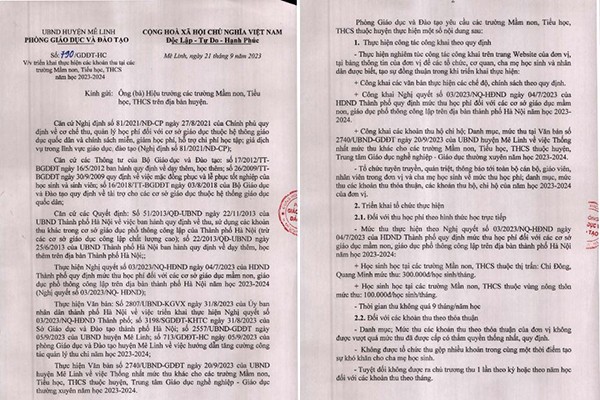 Văn bản chỉ đạo của Phòng Giáo dục và Đào tạo Mê Linh về các khoản thu tại các trường Mầm non, Tiểu học, Trung học cơ sở năm học 2023-2024 được trường Tiểu học Quang Minh đăng công khai trên trang web của nhà trường. (Ảnh: NVCC) ảnh 2