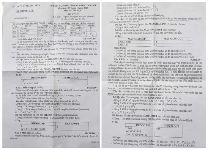 Đề thi học sinh giỏi môn Tin học lớp 9 tại Quảng Bình năm học 2023-2024. Ảnh: Giáo viên cung cấp.