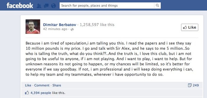 Berbatov bày tỏ sự thất vọng trên trang Facebook của mình