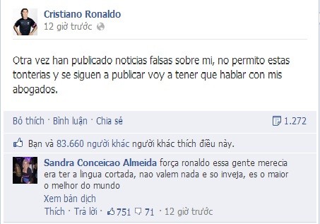 Dòng status cảnh báo giới truyền thông bằng tiếng Tây Ban Nha của Ronaldo.
