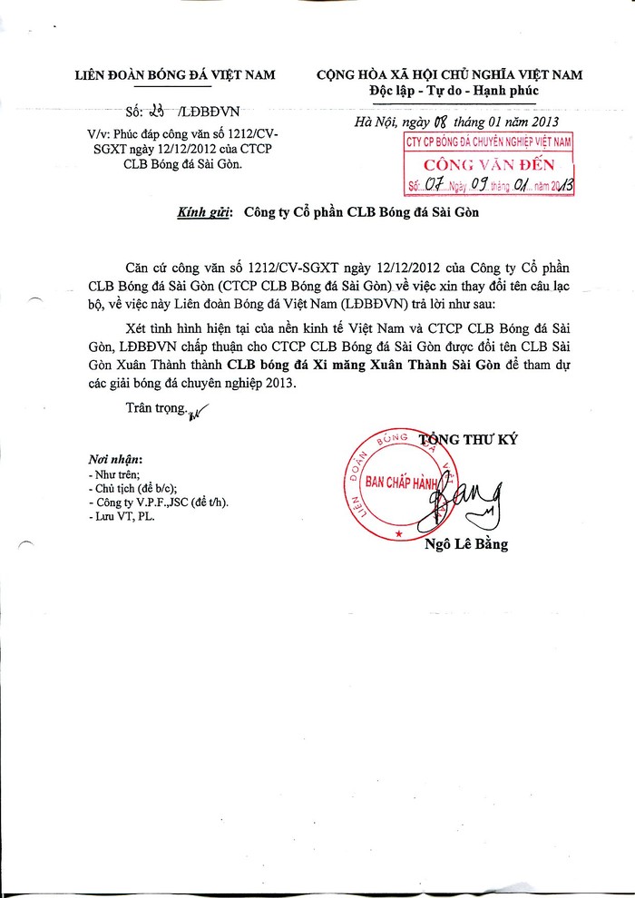 VFF vừa mới ký công văn chấp thuận cho Sài Gòn Xuân Thành đổi tên thành XMXT.Sài Gòn hôm 8/1.