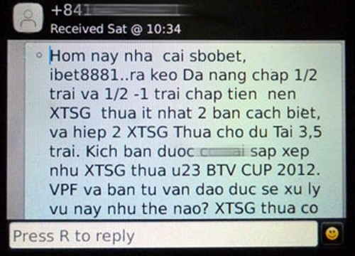 Tin nhắn lạ tố CLB Xi măng Xuân Thành Sài Gòn bán độ ở trận tranh Siêu Cúp Quốc gia 2012.