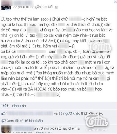 Status chửi bà gây sốc của facebook có nickname Quỳnh Anh (Ảnh: Tiin.vn)