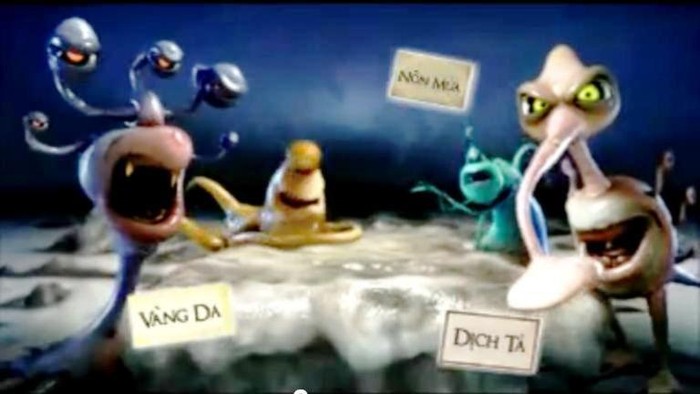 Các loại vi khuẩn trong clip quảng cáo của Vim gây ghê sợ cho người dân (ảnh cắt từ clip)
