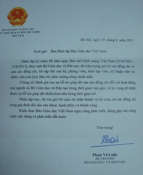 Thư chúc mừng ngày báo chí cách mạng Việt Nam 21/6 của Bộ trưởng Bộ Giáo dục Đào tạo gửi đến báo Giáo dục Việt Nam