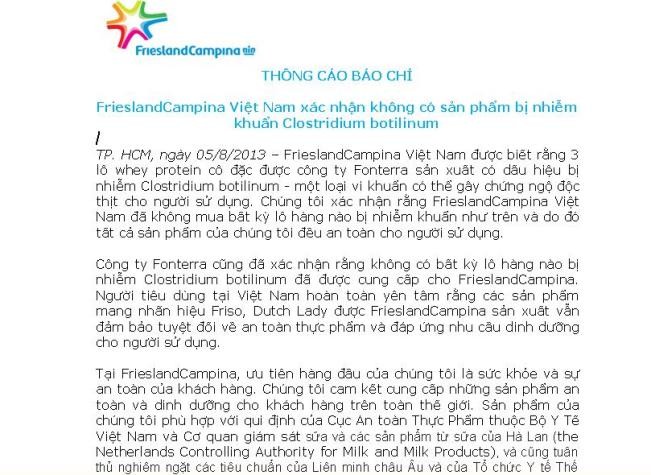 Thông cáo báo chí của FrieslandCampina Việt Nam