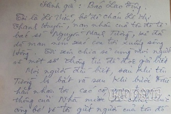 Tâm thư của Lê Văn Viễn bố đẻ nạn nhân Huyền đã gửi tới tòa soạn Lao Động.