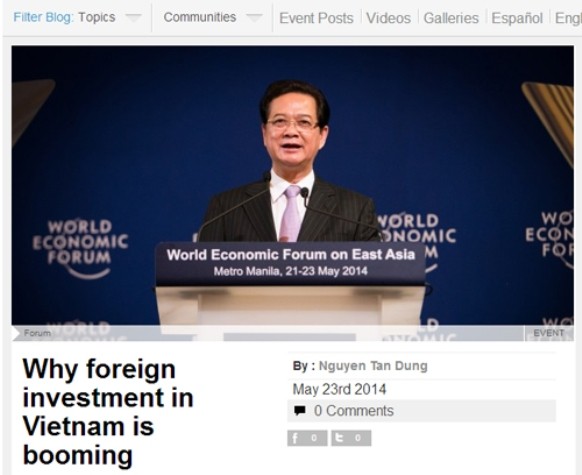 Bài viết của Thủ tướng trên blog của Diễn đàn Kinh tế Thế giới.
