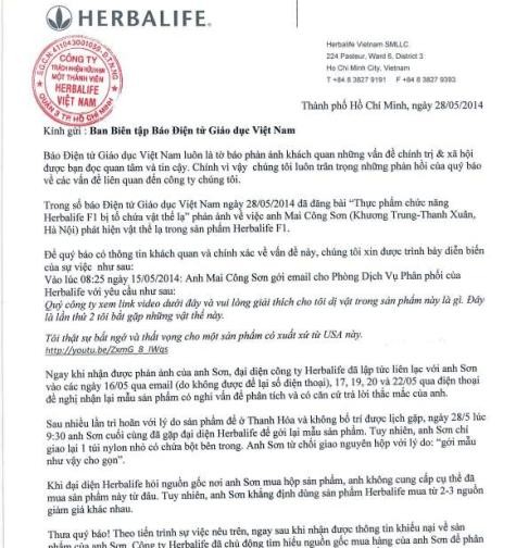 Công văn trả lời chính thức của Công ty Herbalife Việt Nam gửi đến Báo Điện tử Giáo dục Việt Nam (ảnh chụp lại )