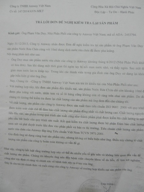 Công văn trả lời của Amway với trường hợp của phản ánh của khách hàng Phạm Văn Duy.