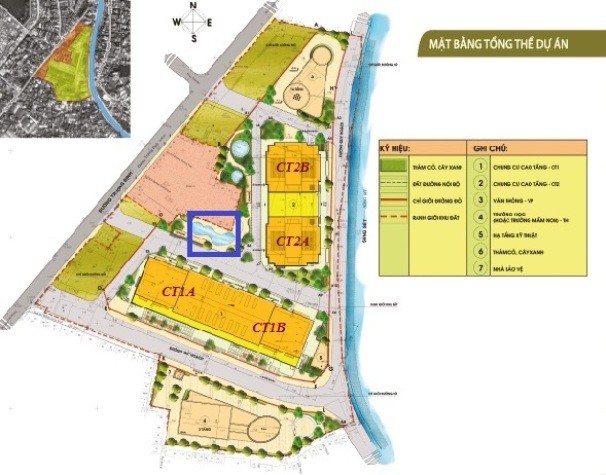 Theo phối cảnh ban đầu dự án Khu đô thị Nam Đô Complex thì khu vực trước toà nhà CT1A (đánh dấu ô vuông xanh) phải là tiểu cảnh nhỏ với hồ nước và cây xanh.