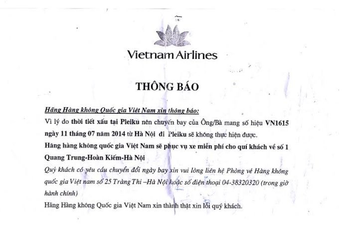 Thông báo của Vietnam Airline về việc hủy chuyến bay VN1615 (ảnh do độc giả cung cấp)