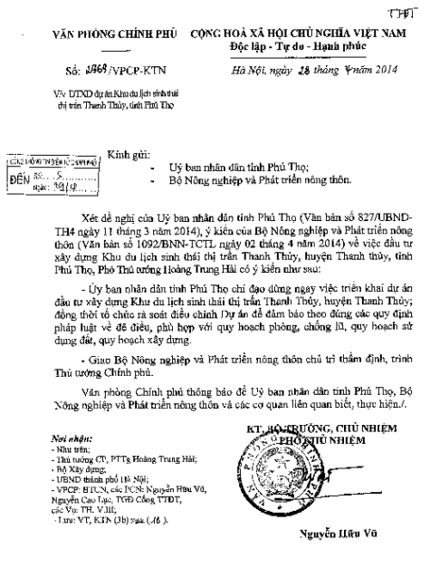 Công văn số 2969/VPCP-KTN của Văn phòng Chính phủ truyền đạt ý kiến chỉ đạo của Phó Thủ tướng Hoàng Trung Hải.