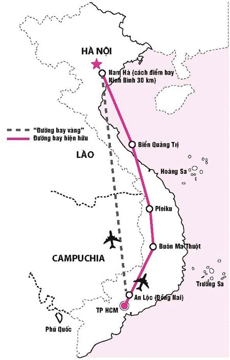 Đường bay thẳng và đường bay hiện nay giữa Hà Nội và TP HCM - Đồ họa: PHƯƠNG ANH