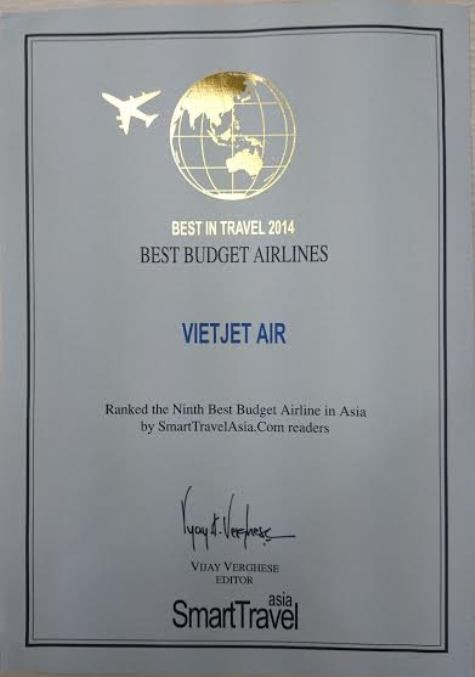 VietJet lọt top 10 hãng hàng không giá rẻ tốt nhất châu Á do độc giả của tạp chí điện tử chuyên về du lịch hàng đầu Châu Á Smart Travel Asia bình chọn