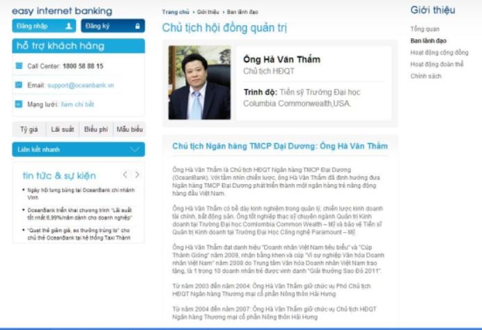 Thông tin giới thiệu lý lịch ông Hà Văn Thắm cựu Chủ tịch HĐQT Ngân hàng TMCP Đại Dương (ảnh chụp lại màn mình)