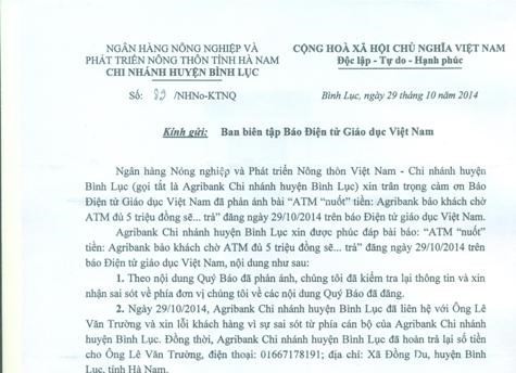 Văn bản của Ngân hàng Agribank Bình Lục gửi đến Báo Điện tử Giáo dục Việt Nam.