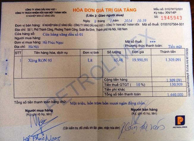 Hóa đơn bán hàng ngày 9/11 của Cửa hàng xăng số 01 Trần Quang Khải giao cho anh Ngọc.
