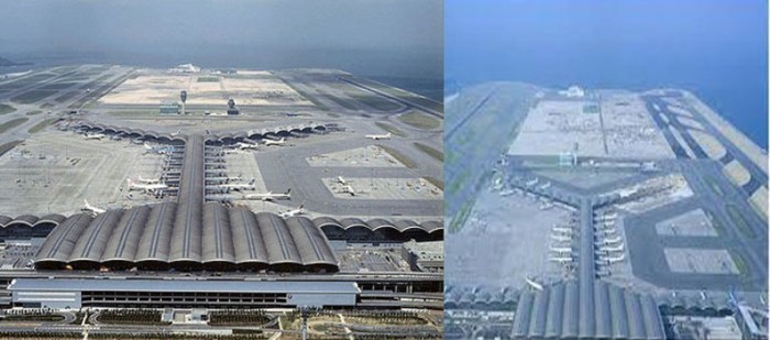 Hình ảnh phối cảnh sân bay Long Thành (ảnh bên trái) được phát trên VTV và hình ảnh sân bay Chek Lap Kok - Hồng Kông.