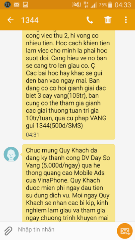 Theo nội dung tin nhắn chị N đã đăng ký thành công dịch vụ DAYSOVANG nhưng sự thật khách hàng không nhắn tin đăng ký