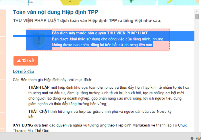 Toàn văn Hiệp định TPP được dịch sang tiếng Việt đăng tải trên Thư viện pháp luật. Ảnh chụp màn hình website Thư viện pháp luật.