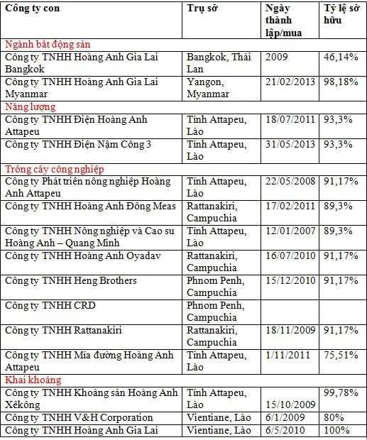 Danh sách công ty con của Hoàng Anh Gia Lai ở nước ngoài (ảnh chụp lại Báo cáo tài chính của Tập đoàn Hoàng Anh Gia Lai