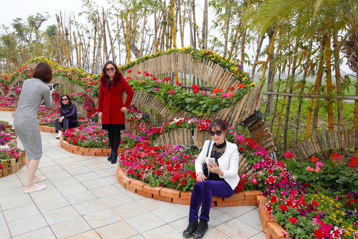 Du khách chụp ảnh “check in” với đường hoa xuân FLC Sầm Sơn.