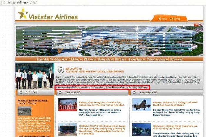 Website của Công ty cổ phần Hàng không Lưỡng dụng Ngôi sao Việt (Vietstar Airlines – VSA) đăng tải thông tin khẳng định doanh nghiệp này là đơn vị kinh tế thuộc Quân chủng Phòng không – Không quân, Bộ Quốc phòng - Ảnh chụp màn hình.