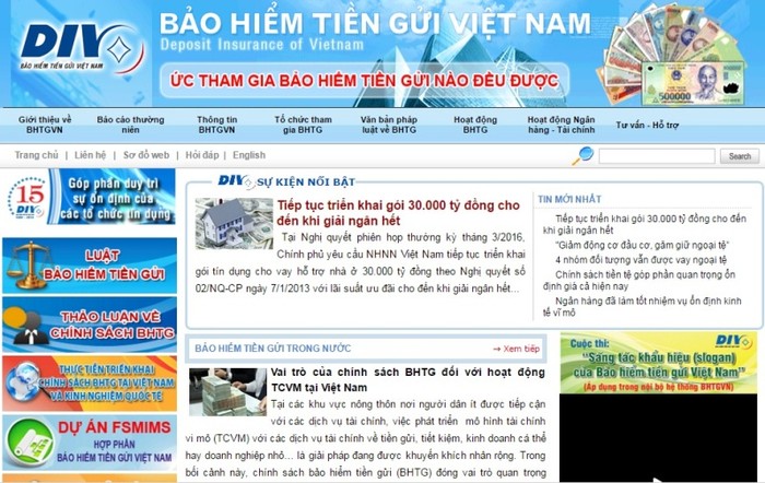Website chính thức của Bảo hiểm tiền gửi Việt Nam - ảnh chụp màn hình