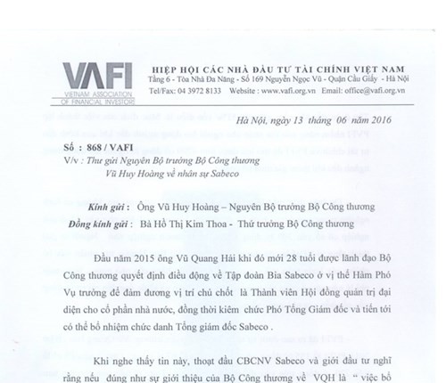 Văn bản của Hiệp hội các nhà đầu tư Tài chính (VAFI) gửi nguyên Bộ trưởng Công Thương Vũ Huy Hoàng và Thứ trưởng Hồ Thị Kim Thoa - ảnh VAFI