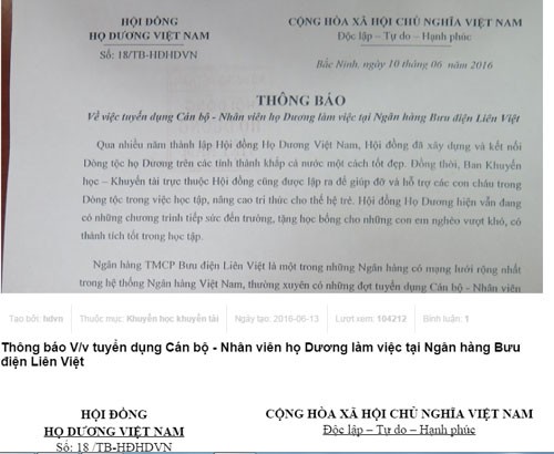Thông báo trên trang web Dòng họ Dương Việt Nam - ảnh chụp màn hình nguồn Vietnamnet.