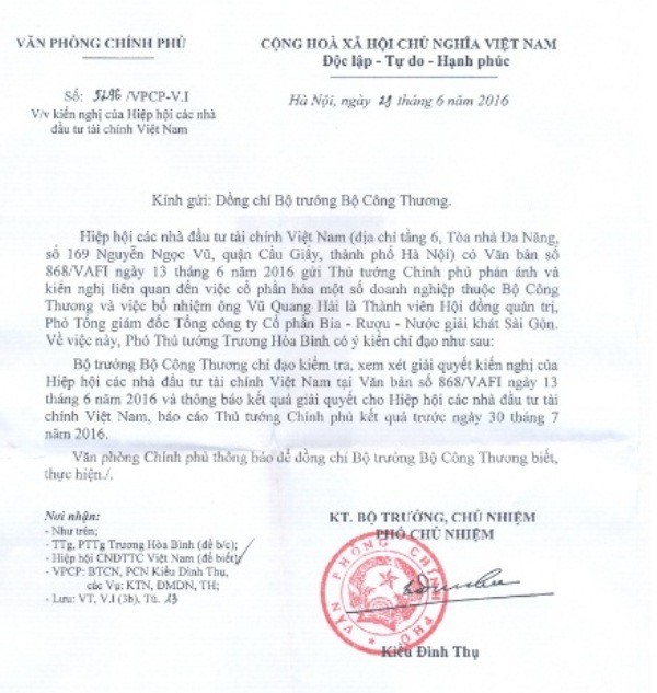 Văn bản của Văn phòng Chính phủ truyền đạt ý kiến chỉ đạo của Phó Thủ tướng Trương Hòa Bình - Ảnh chụp màn hình.