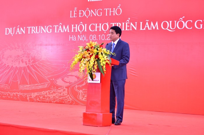 Ông Nguyễn Đức Chung - Chủ tịch TP Hà Nội phát biểu tại lễ động thổ Dự án Trung tâm Hội chợ triển lãm quốc gia.