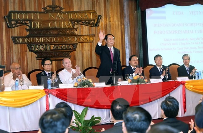 Chủ tịch nước Trần Đại Quang đến dự và phát biểu tại Diễn đàn Doanh nghiệp Việt Nam-Cuba. (Ảnh: Nhan Sáng/TTXVN)