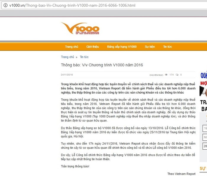 Vietnam Report bất ngờ không công bố danh sách Bảng xếp hạng V1000 theo như kế hoạch ban đầu - ảnh chụp màn hình.
