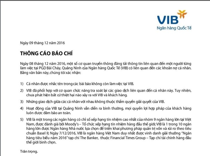 Thông cáo báo chí của Ngân hàng VIB - ảnh chụp màn hình/ nguồn VIB.com.vn