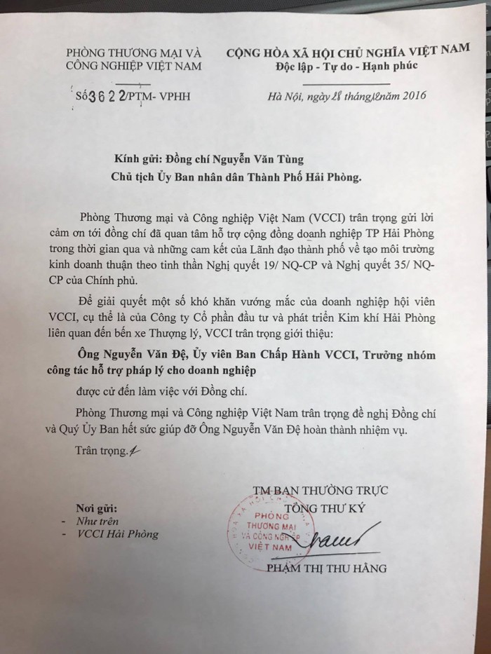 Công văn Phòng Thương mại và Công nghiệp Việt Nam (VCCI) gửi ông Nguyễn Văn Tùng, Chủ tịch Ủy ban Nhân dân Thành phố Hải Phòng giới thiệu ông Nguyễn Văn Đệ liên hệ làm việc - ảnh ông Đệ cung cấp.