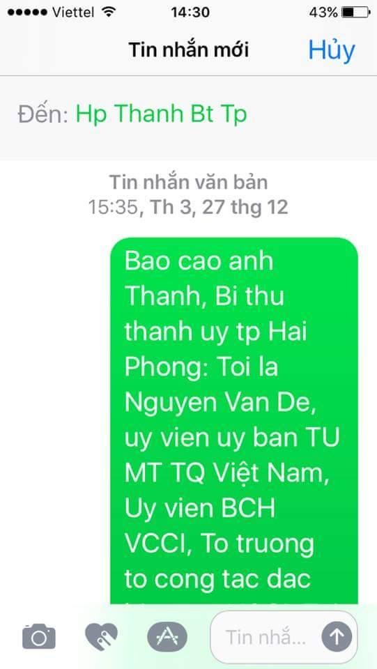 Tin nhắn ông Nguyễn Văn Đệ gửi Bí thư Hải Phòng ngày 27/12/2016 - ảnh ông Đệ cung cấp.