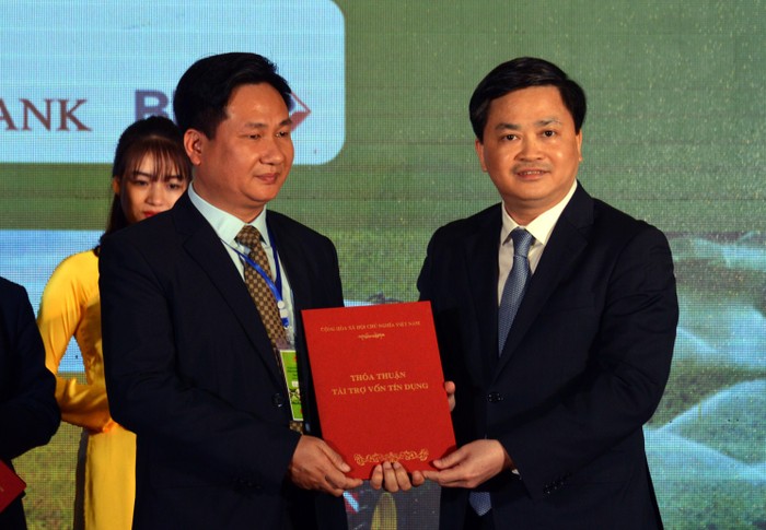 Tổng Giám đốc VietinBank - ông Lê Đức Thọ trao tài trợ vốn cho doanh nghiệp - Ảnh: XN