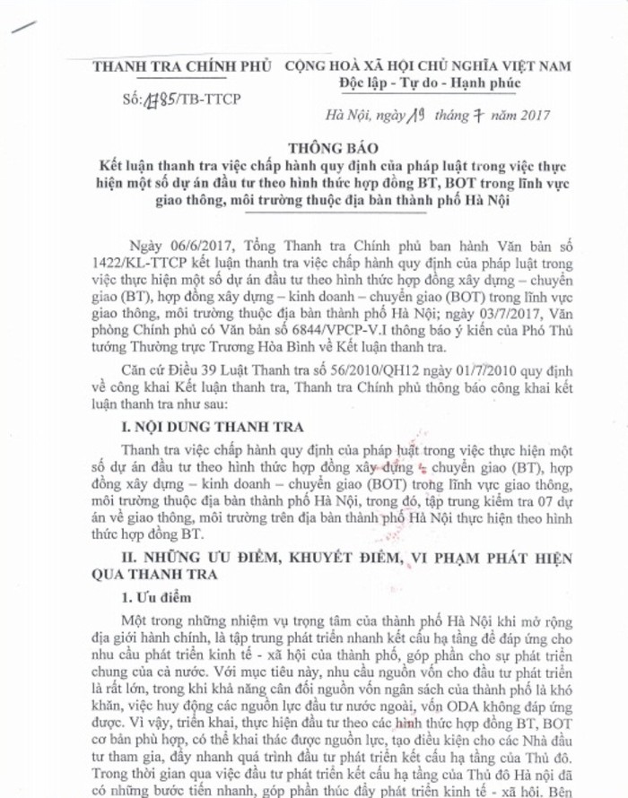 Kết luận thanh tra việc chấp hành quy định pháp luật trong quá trình thực hiện một số dự án theo hình thức hợp đồng theo hình thức BT, BOT trong lĩnh vực giao thông, môi trường trên địa bàn Thành phố Hà Nội - ảnh chụp màn hình.