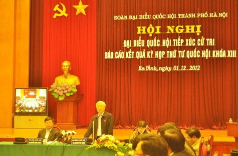 Tổng Bí thư Nguyễn Phú Trọng phát biểu tại Hội nghị tiếp xúc cử tri (Ảnh: Tuấn Nam)