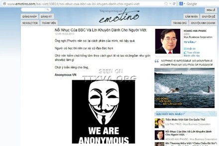 Hình ảnh được các trang mạng đưa lên mô tả thời điểm blog của ông Hoàng Hữu Phước bị hacker tấn công