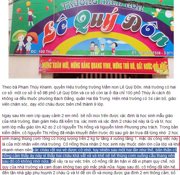 Trong bài báo trên An Ninh Thủ Đô, cô giáo trường Lê Quý Đôn nói là chỉ "nhờ" các em bê "một hai lần".