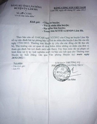 Văn bản chỉ đạo giải quyết vụ việc của Thường trực huyện ủy Lâm Hà đối với những đơn vị có người có mặt tại TAND huyện Lâm Hà